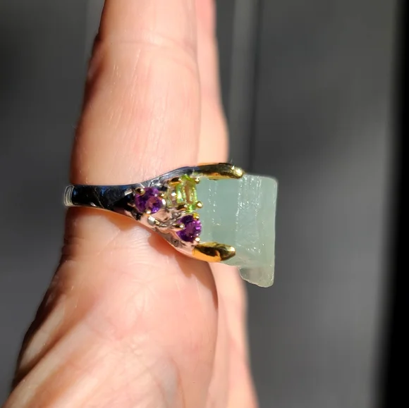 HUGE 30k Aquamarine RAW uncut w/Peridot & Amethyst Sterling &gold ring sz9 - Picture 6 of 9